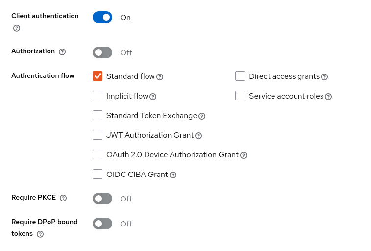 Keycloak Login settings screen showing the configured Valid Redirect URIs and Web Origins.