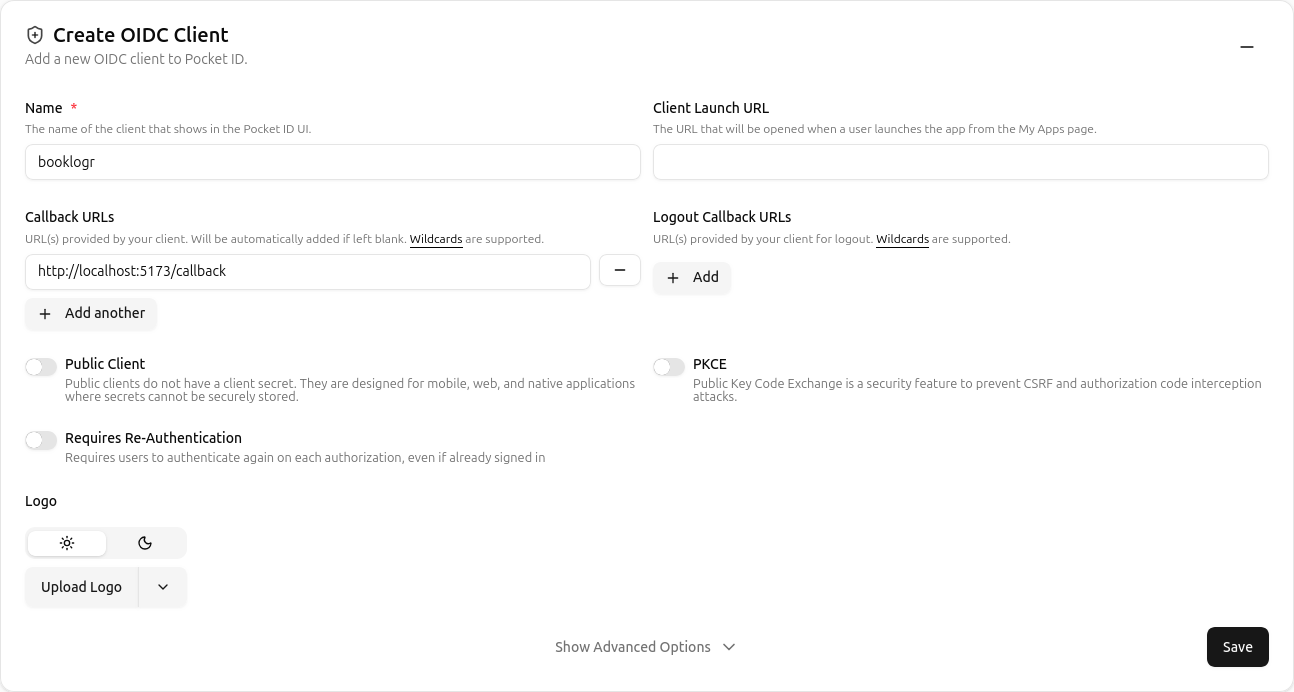Pocket ID OIDC client creation screen with Name, Callback URLs, and PKCE settings configured.