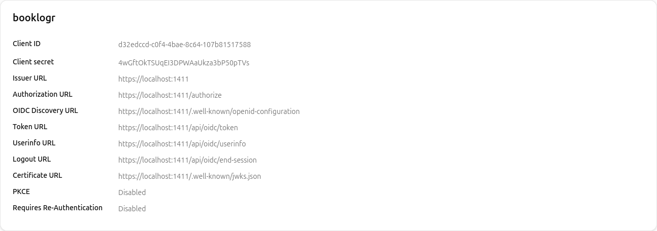 Pocket ID client details page showing the generated Client ID and Client Secret.
